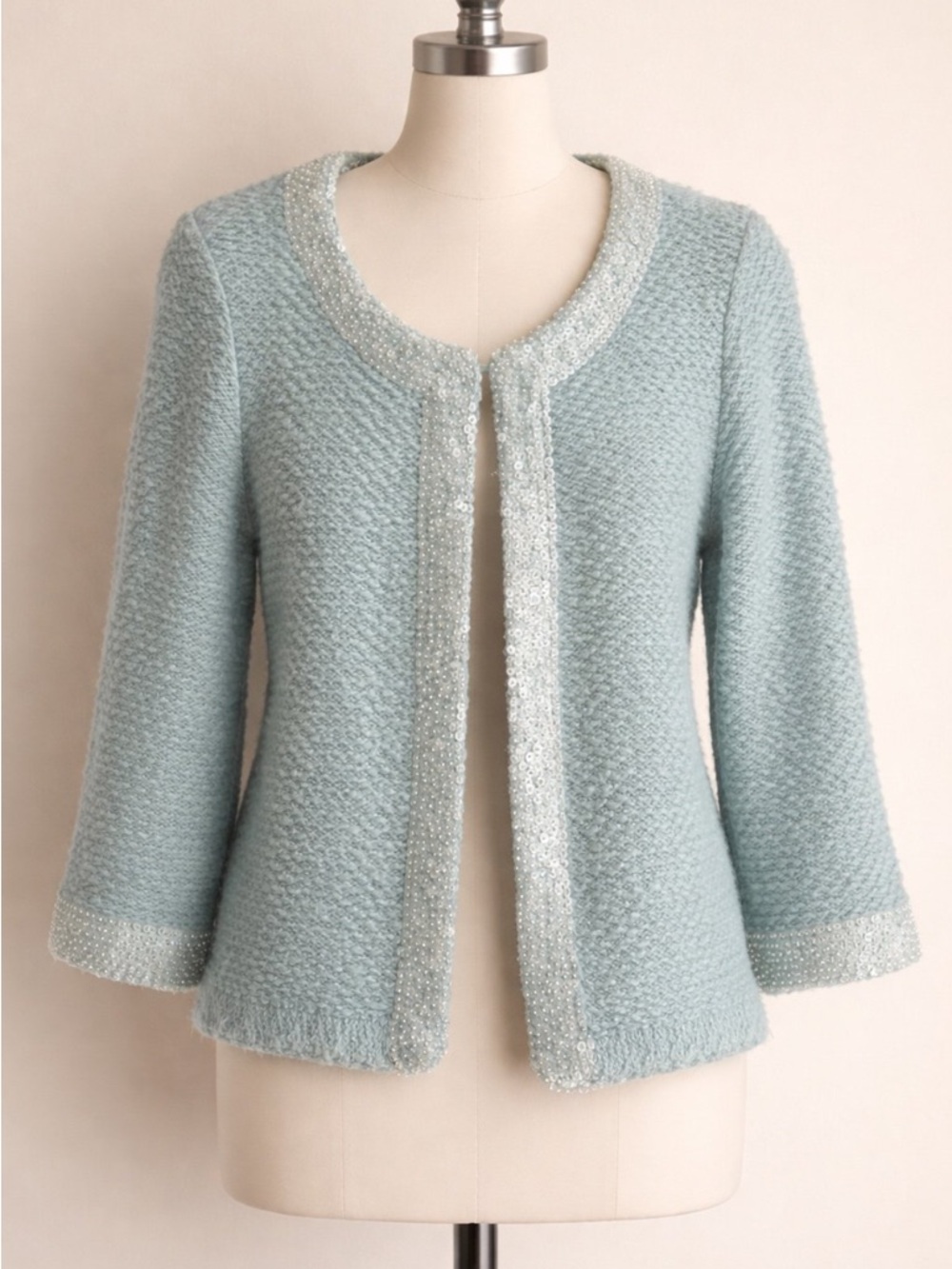 Classic Light Blue Bouclé Open Cardigan Sweater